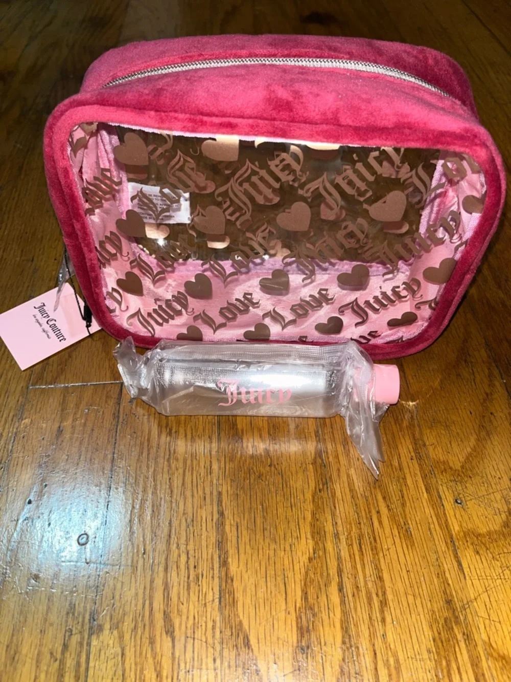 NWT Juicy Couture Clear Cosmetic Bag with Velvet Trim and Juicy Travel Bottle